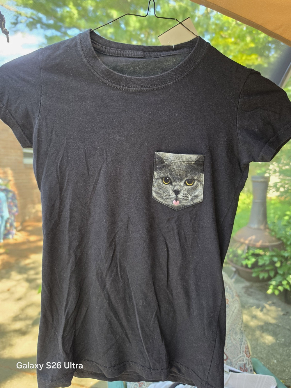 Black Cotton Knit Unisex S Cat Graphic Pocket Tee Short Sleeve Crew Neck